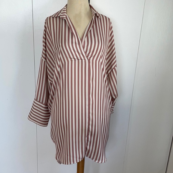Zara Tops - Zara striped pink and white satin shirt dress